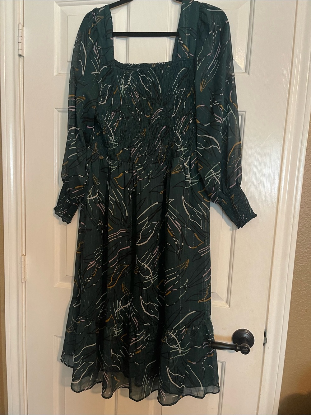 Nine West Dark Green Smocked Square-Neck Midi Dress with Brushstroke Print